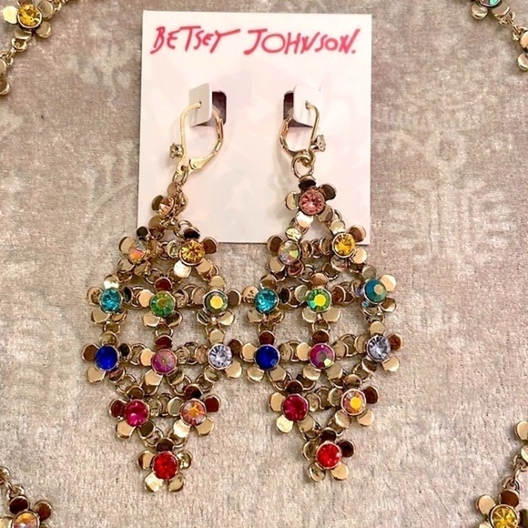 Brand New Betsey Johnson Colorful Flower Necklace & Drop Earring Set Gold Tone - Picture 2 of 11